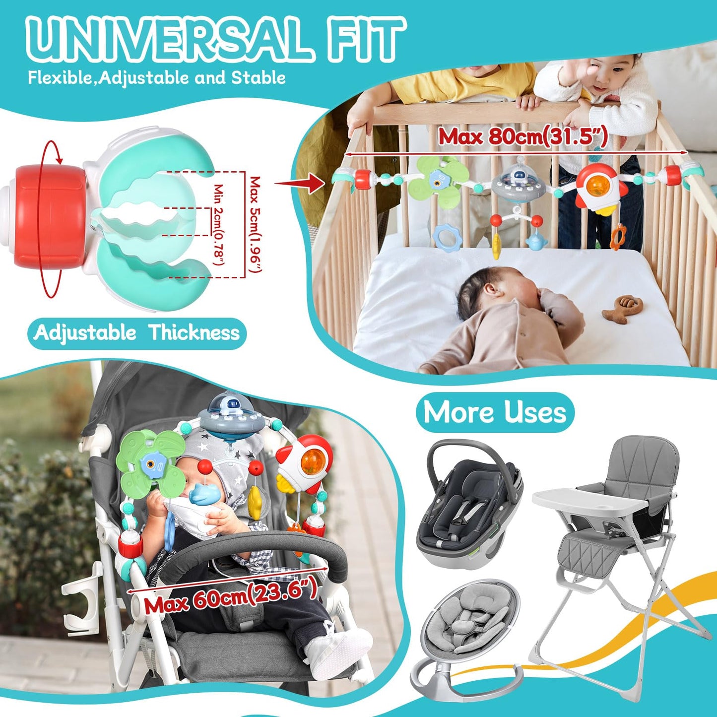 Orzbow Stroller Arch Toy for Baby, Musical Carseat Toys Hanging with Teething, Baby Mobile for Crib Bassinet Car Seat and Bounce