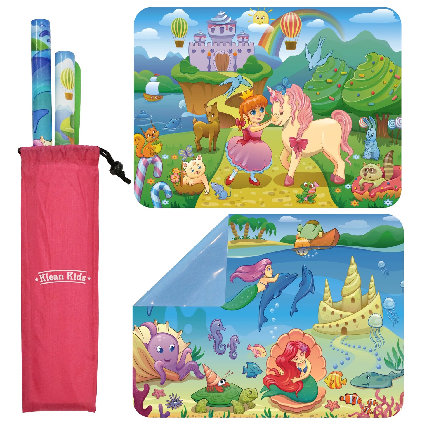 Klean Kids [2 Pack] Silicone Placemats For Toddlers (Mermaid And Princess) - Non Slip 2-Pack With Travel Bag - Princess & Mermai