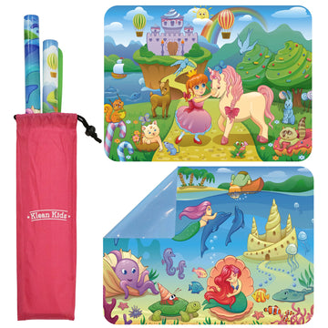 Klean Kids [2 Pack] Silicone Placemats For Toddlers (Mermaid And Princess) - Non Slip 2-Pack With Travel Bag - Princess & Mermai