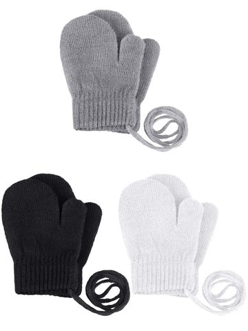 SATINIOR 3 Pairs Toddler Magic Stretch Mittens Full Finger Knit Gloves Kids Winter Warm Mittens (Black, White, Light Grey,Suits 