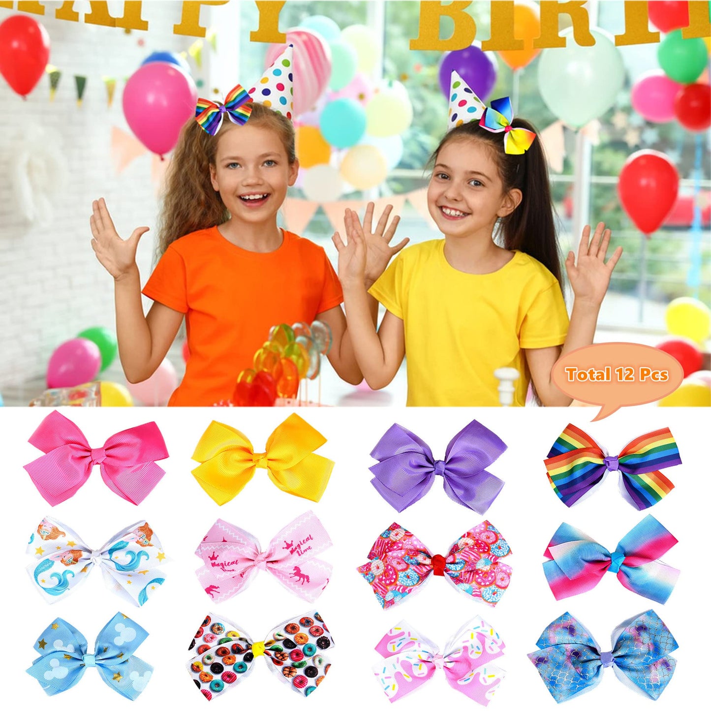 12 Pcs 5 Inch Hair Bows For Girls,Colorful Rainbow Heart Girls Hair Bows Grosgrain Ribbon Hair Bow With Alligator Clips For Todd