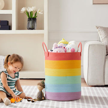 Mojoscend Rainbow Baby Girls Kids Hamper Laundry Basket For Nursery Toddler Clothes Blanket Basket For Toy Woven Rope Unicorn Ha