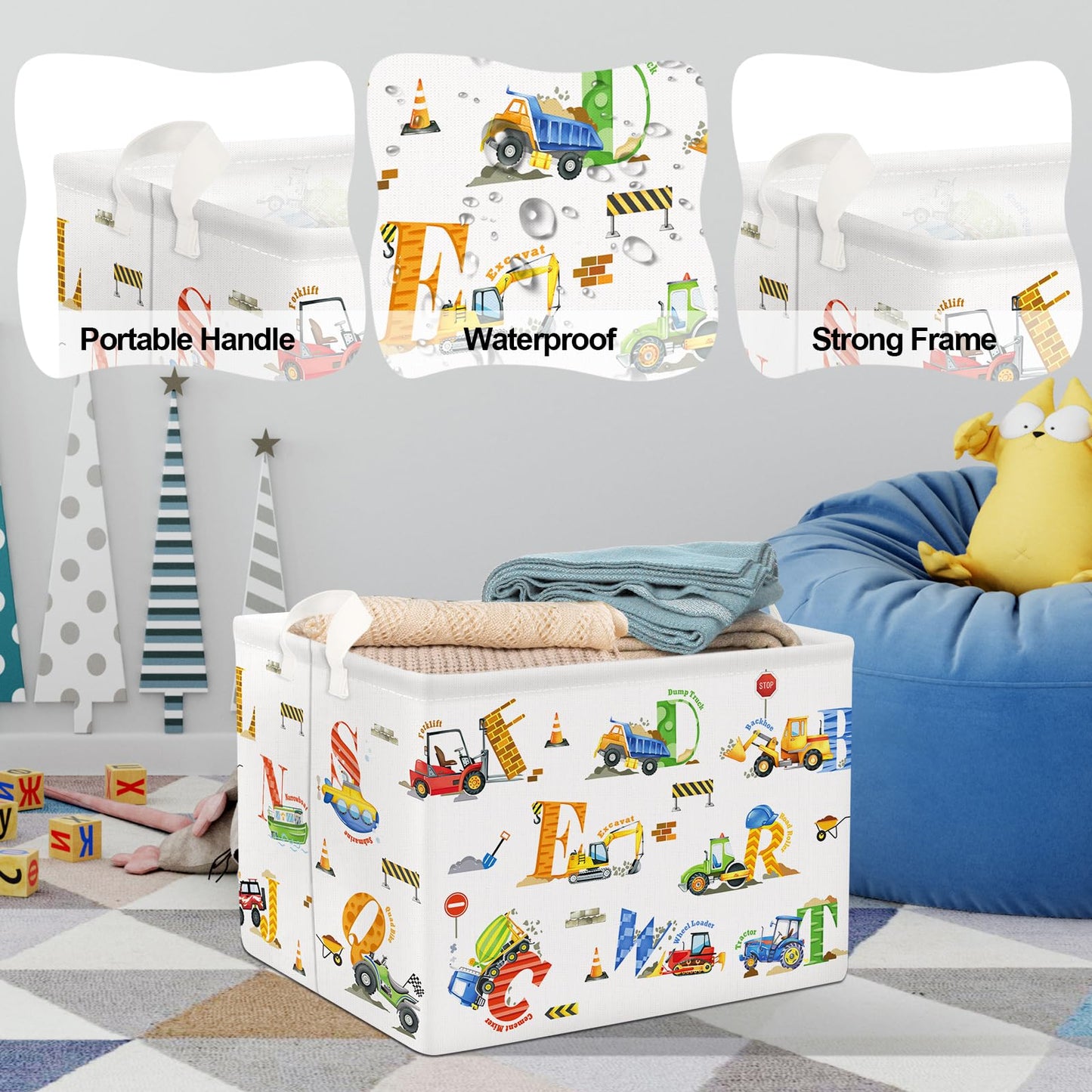 Clastyle Large Alphabet Construction Car Book Shelf Basket Collapsible Rectangle Excavator Ambulance Monster Truck Boy Bin Cloth
