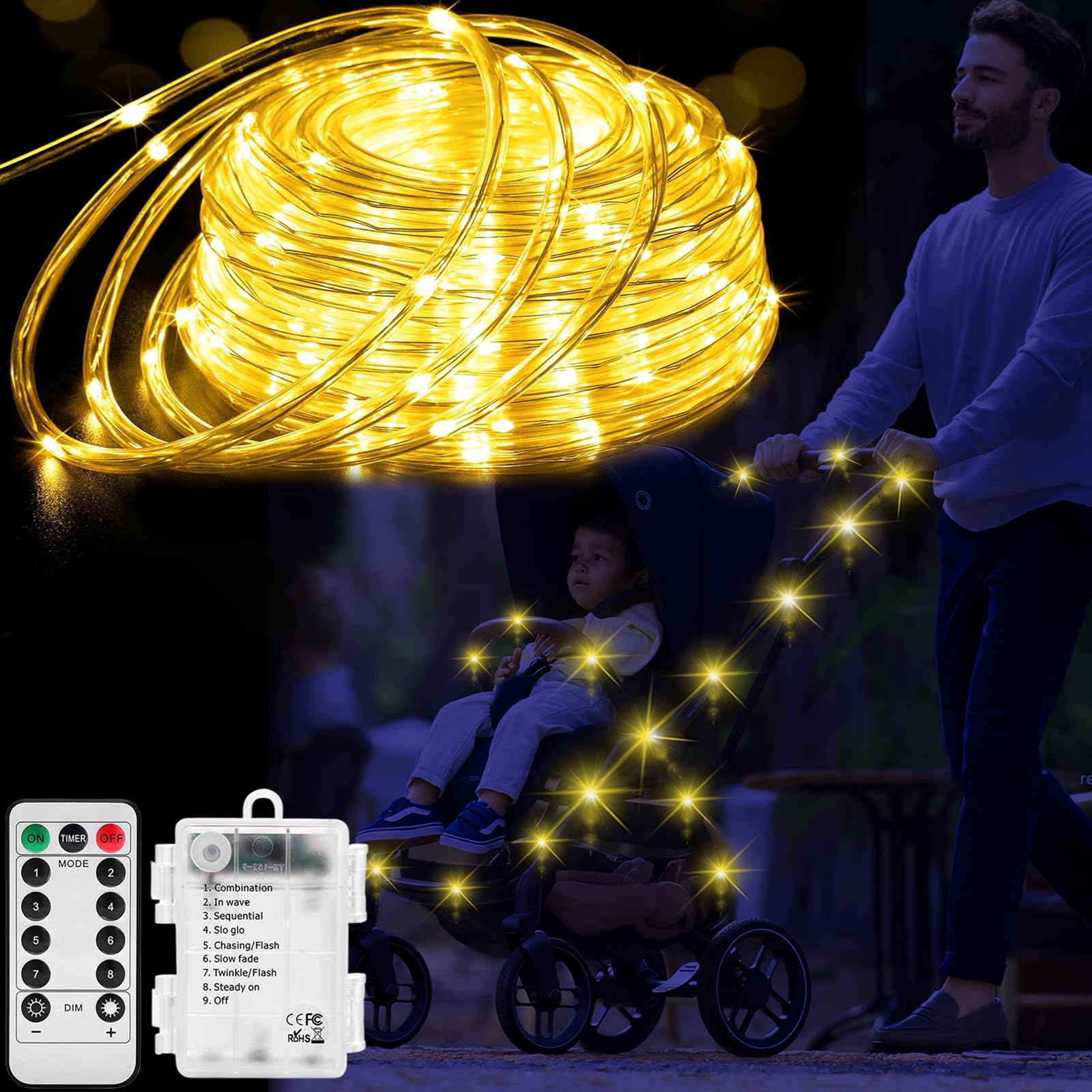 16.4Ft Stroller Lights For Walking At Night - 50 Leds 8 Modes Outdoor Waterproof Baby Stroller String Lights Dimmable/Timer With