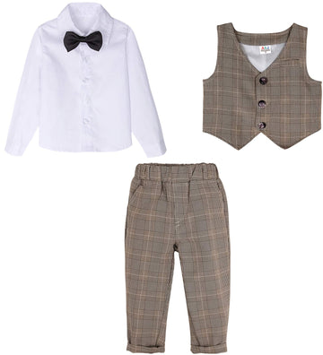 A&J Design Baby Suits For Boys Gentleman Wedding Formal Ring Bearer Plaid Outfit Dress Clothes Tuxedo Set Khaki 18-24 Months