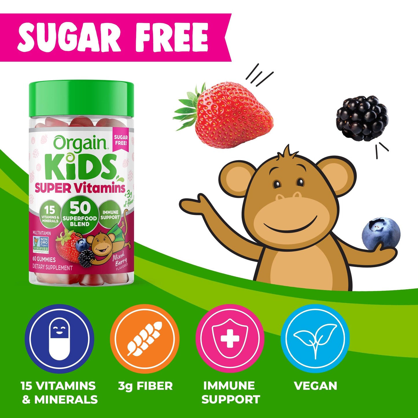 Orgain Kids Sugar Free Multivitamin Gummies, Vegan & Plant Based, 50 Superfoods, 15 Vitamins And Minerals, Immune Support And 3G