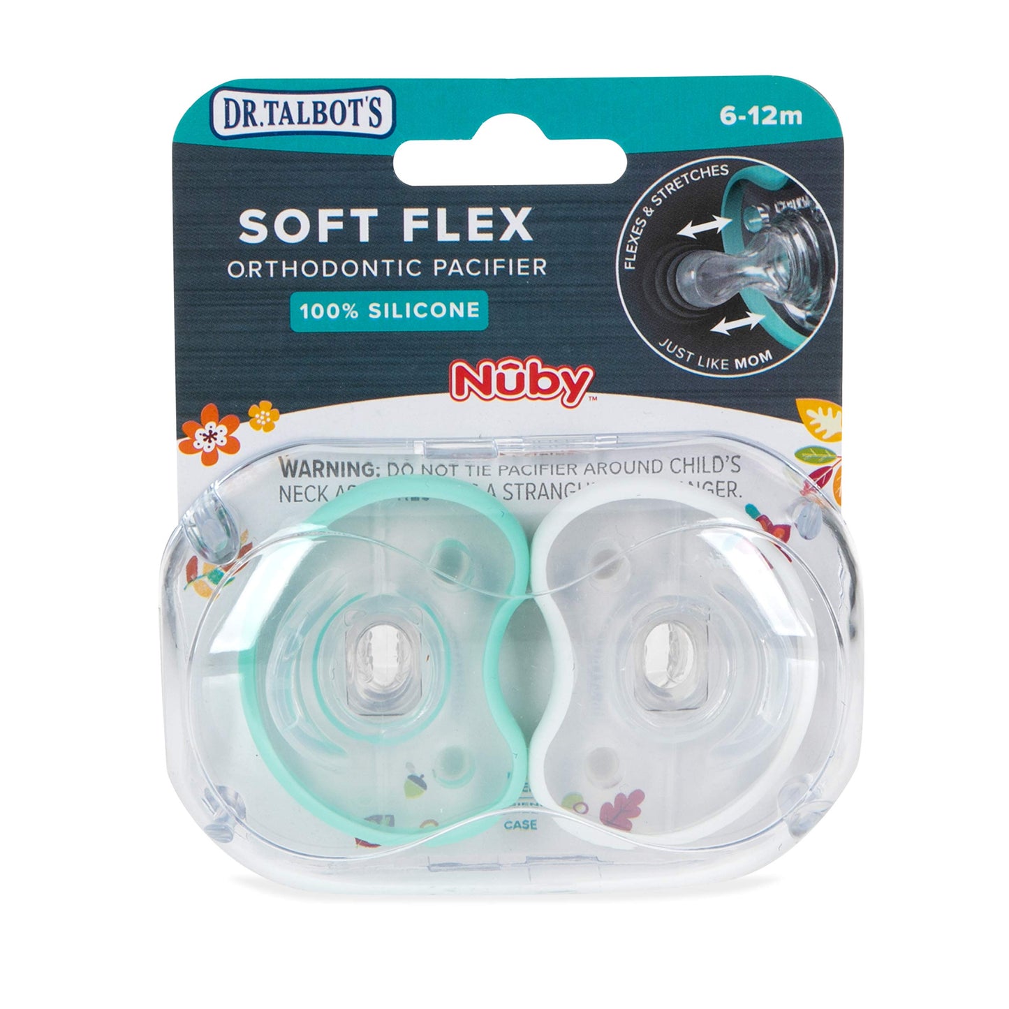 Dr. Talbot'S Soft-Flex Orthodontic Pacifiers 6-12 Months, Aqua/White, 2 Pack