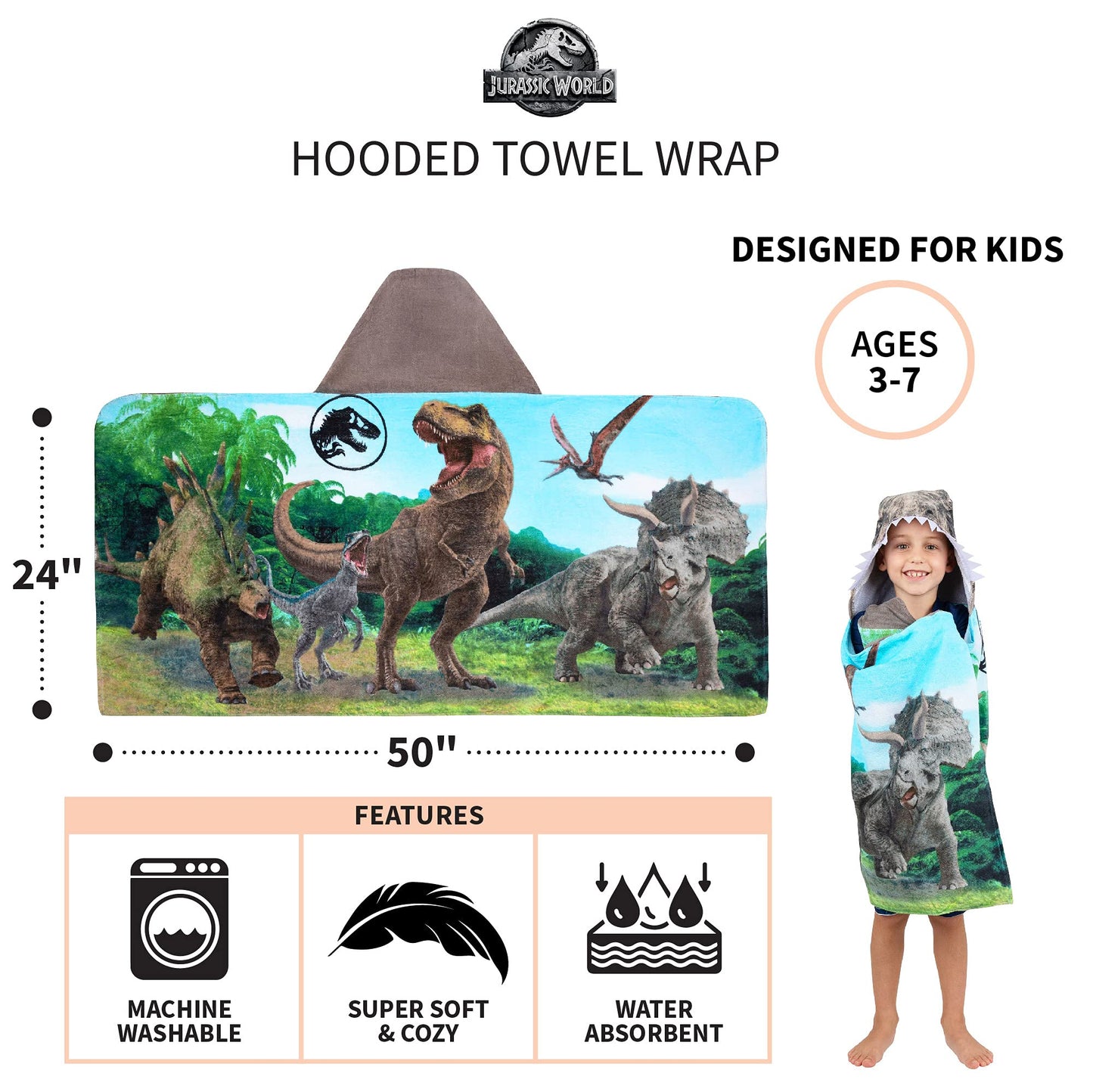 Franco Kids Bath And Beach Soft Cotton Terry Hooded Towel Wrap, 24 In X 50 In, Jurassic World