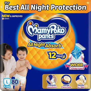Mamypoko Pants All Night Absorb| Pant Style Baby Diapers Large Size(L), 80 Count, Ideal For 914Kgs|1 Diaper= Upto All Night Abs