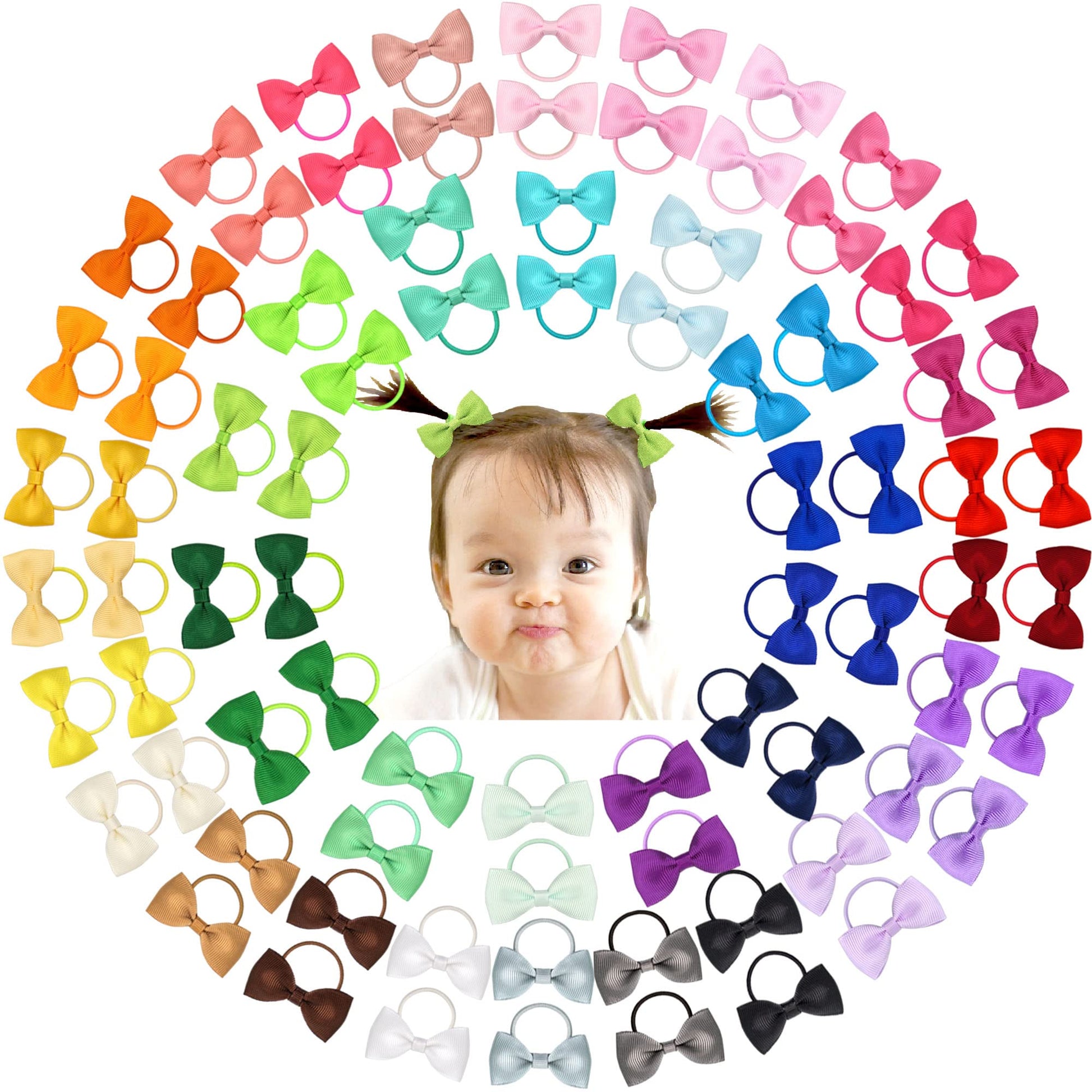 80Pcs 2 Inches Baby Bows Hair Ties Mini Boutique Hair Bows Durable Elastic Rubber Ribbon Hair Band Accessories For Toddlers Infa