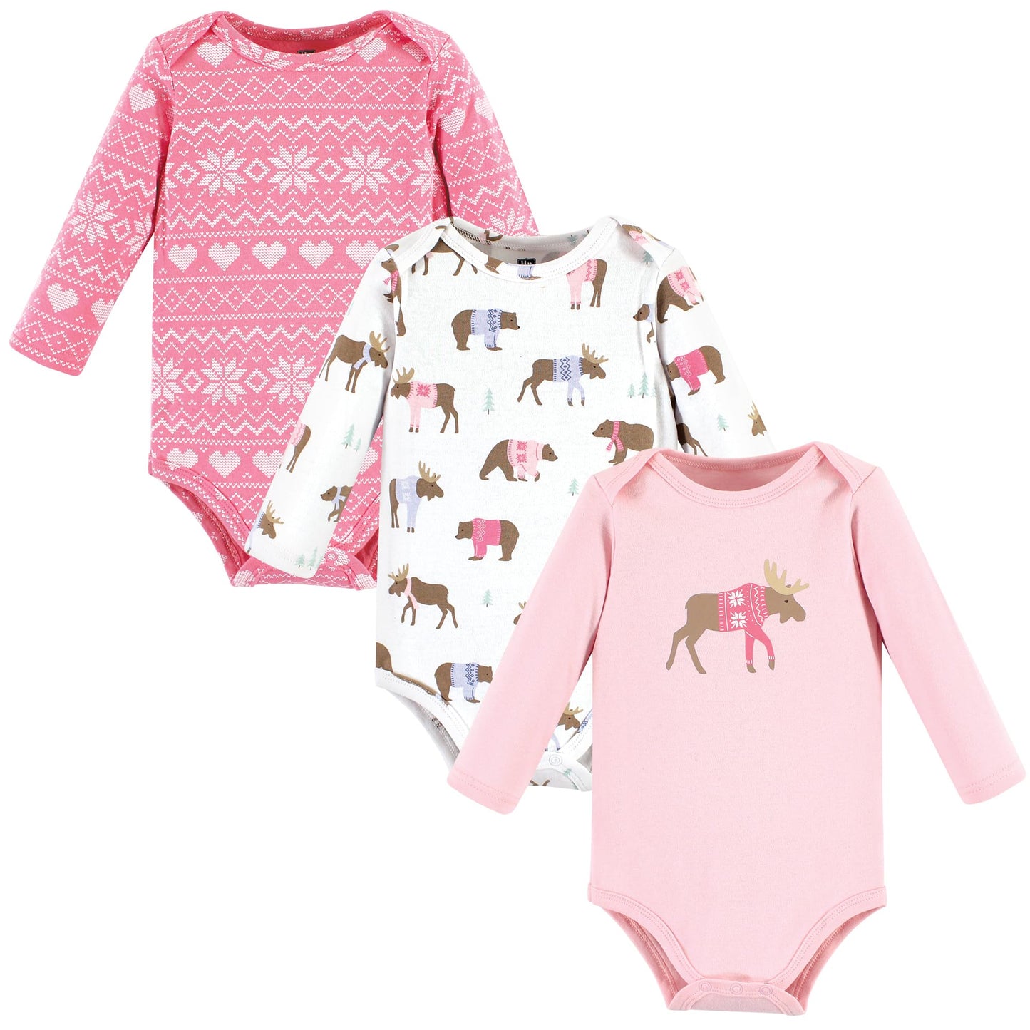 Hudson Baby Unisex Baby Cotton Long-Sleeve Bodysuits, Pink Moose Bear, 0-3 Months