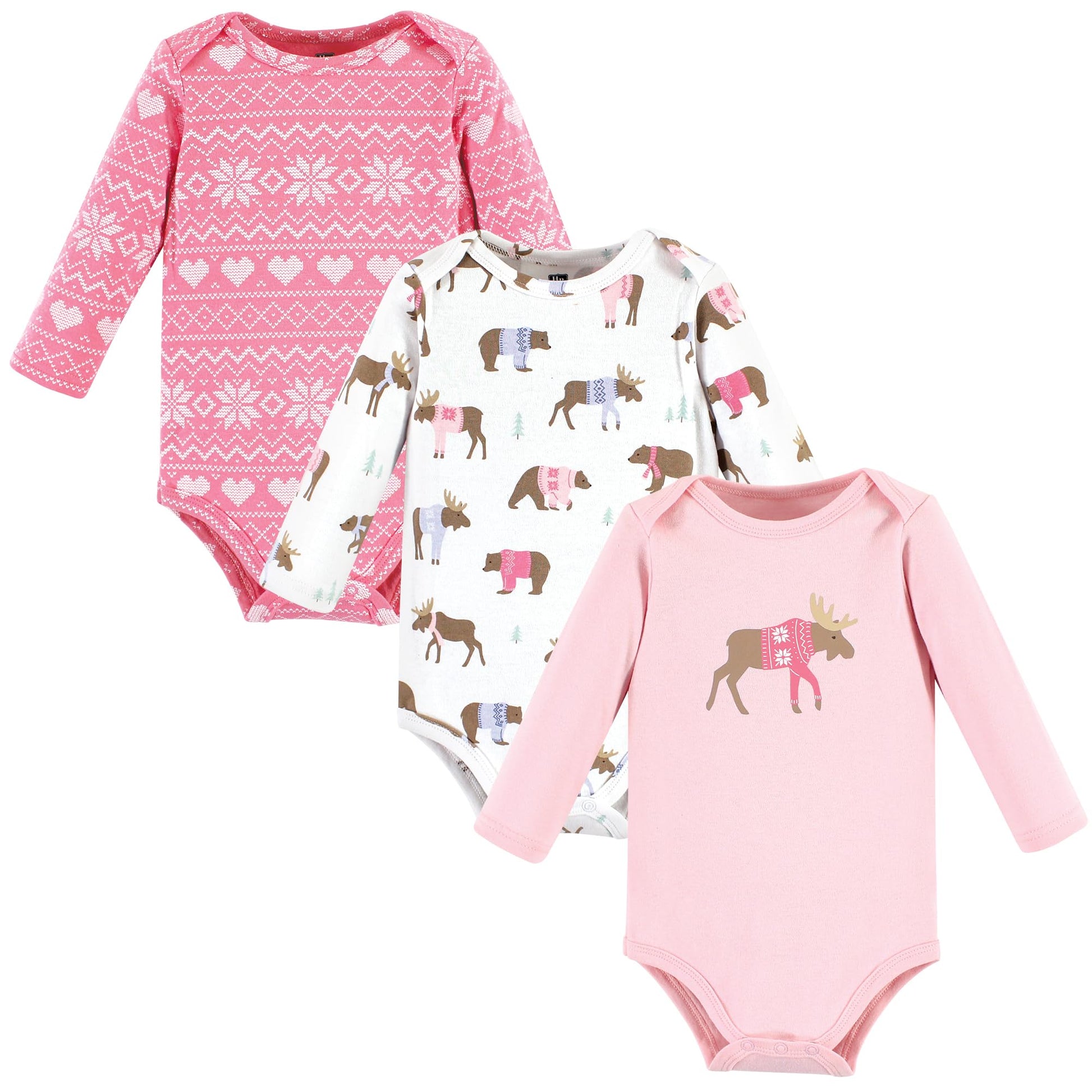 Hudson Baby Unisex Baby Cotton Long-Sleeve Bodysuits, Pink Moose Bear, 18-24 Months