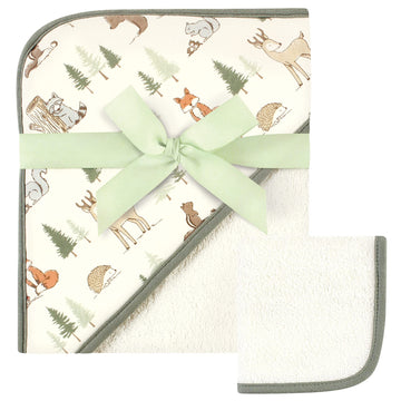 Hudson Baby Unisex Baby Cotton Hooded Towel And Washcloth, Forest Animals, One Size