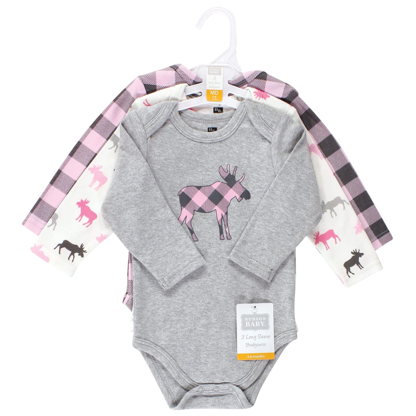 Hudson Baby Unisex Bodysuits Cotton Long-Sleeve Pink Moose, 3-6 Months, Pink Moose 3-Pack, 3-6 Months Us