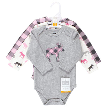 Hudson Baby Unisex Bodysuits Cotton Long-Sleeve Pink Moose, 6-9 Months, Pink Moose 3-Pack, 6-9 Months Us