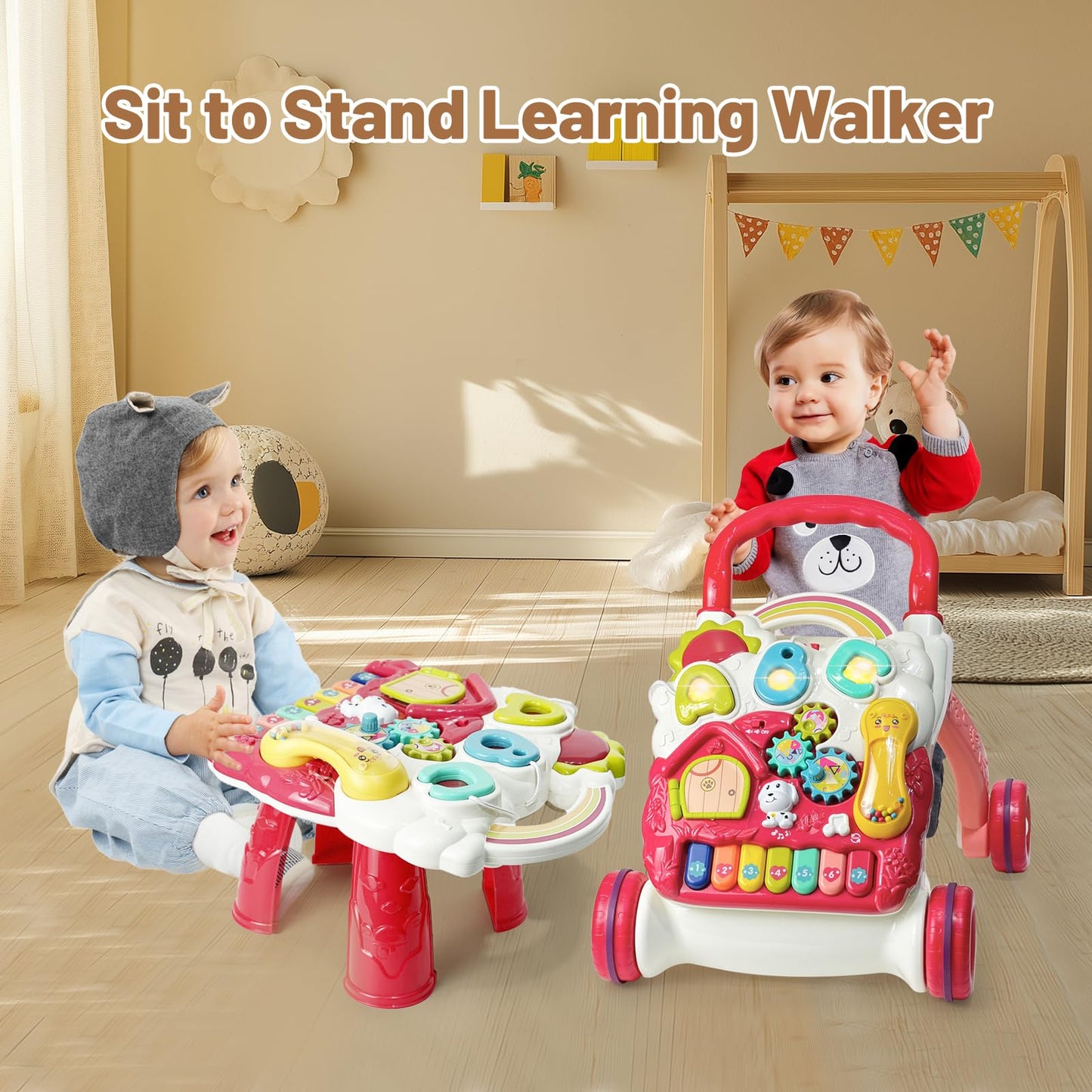 Sit to Stand Baby Walker, Activity Center with Music and Light, Activity Table for Toddlers, Push Toys for Babies Learning to Wa