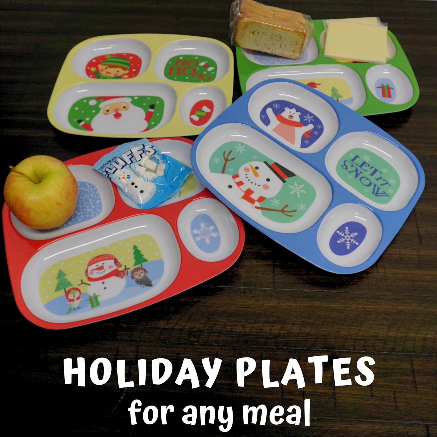 4E'S Novelty Christmas Dinnerware Divided Plates For Kids (Set Of 4) Melamine Plastic Bpa Free Sectional Holiday Dinner Plates,