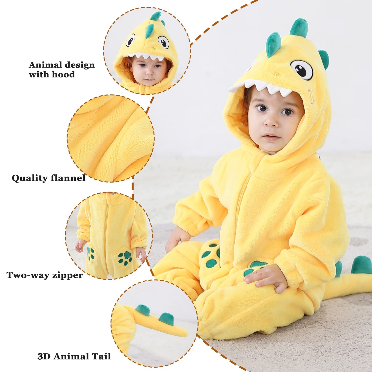 Tonwhar Infant And Toddler Halloween Cosplay Costume Kids' Animal Outfit Snowsuit(1-3 Months,Yellow Dinosaur)