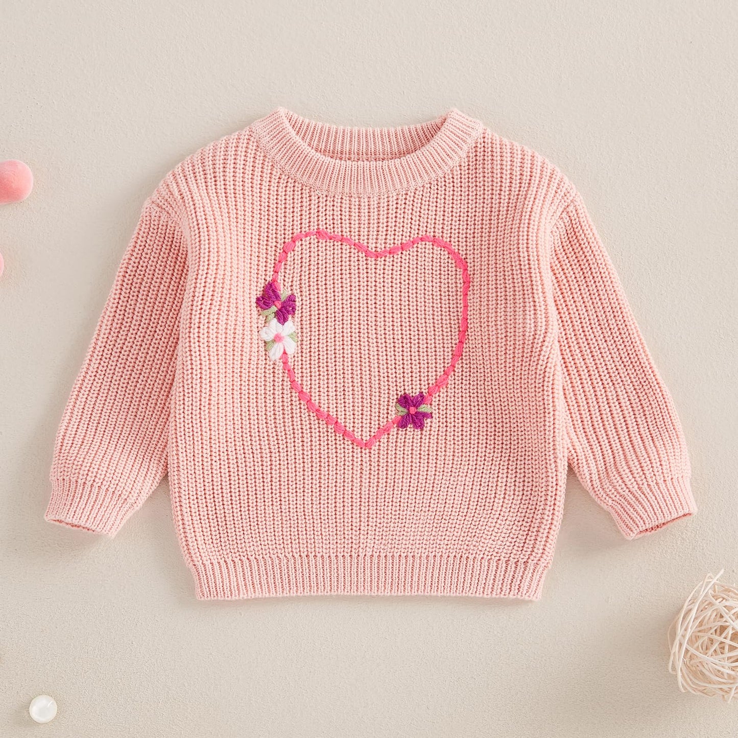Nokpsedcb Baby Girl Cute Long Sleeve Heart Flowers Embroidery Oversized Sweater Toddler Valentine Outfit (Pink, 2-3 Years)