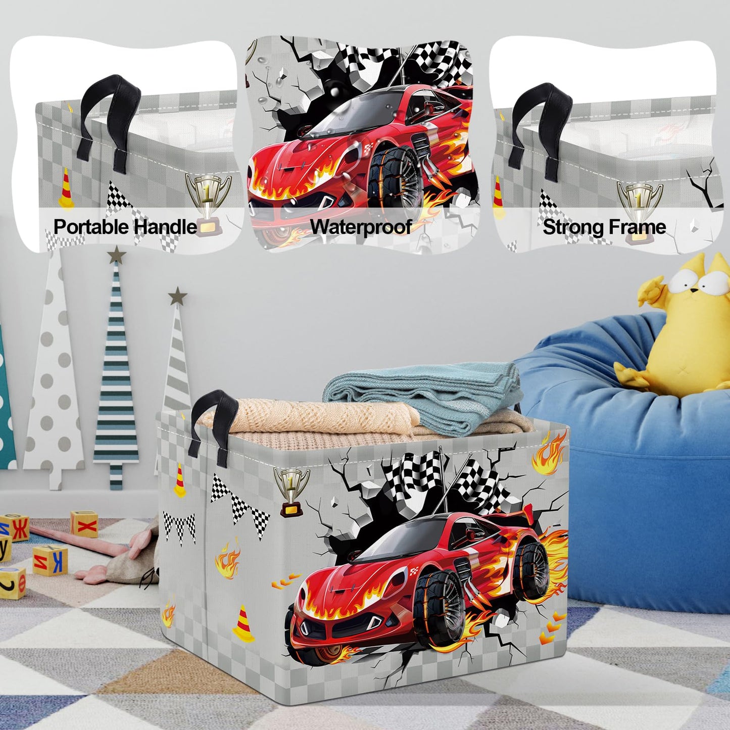Clastyle Sport 3D Racing Car Boy Room Basket Racing Flag Monster Truck Toy Book Shelf Basket Large Rectangle Collapsible Dirty C