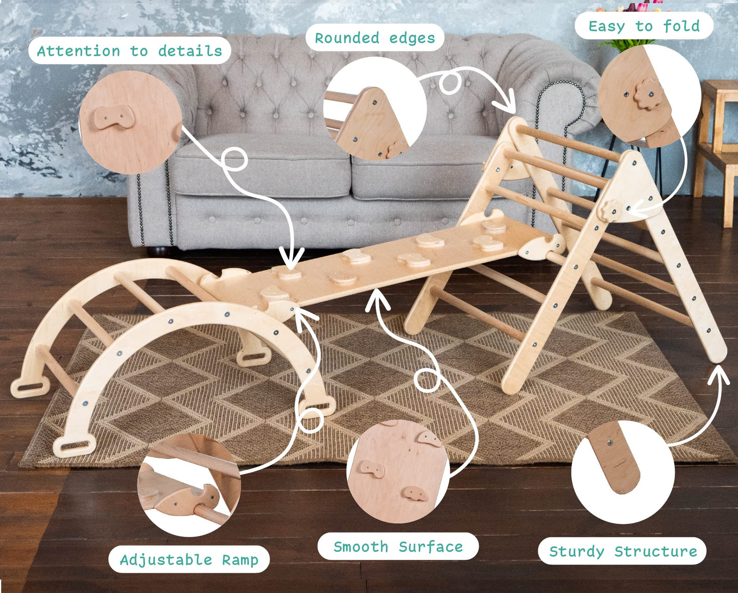 Woodandhearts 3 In 1 Triangle Set, Montessori Baby Climbing Set - Triangle Gym - Toddler Jungle Gym - Climbing Toys For Toddlers