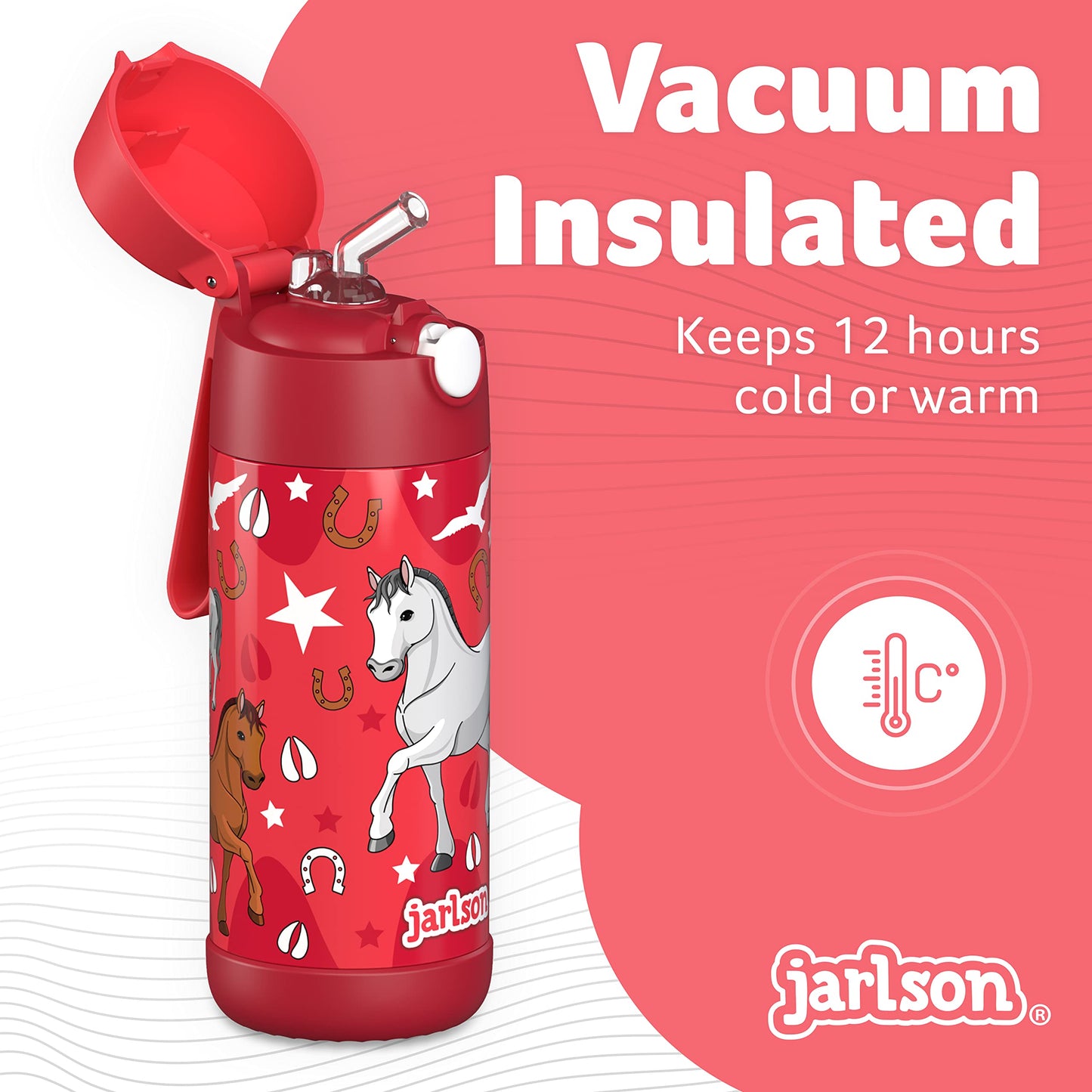 Jarlson Kids Water Bottle With Straw - Charli - Insulated Stainless Steel Water Bottle - Thermos - Girlsboys (Horse Star, 12 Oz)
