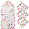 Zainpe 4Pcs Muslin Baby Hooded Towel & Washcloth Set Pink Flowers Pattern Soft Absorbent Cotton Bath Hood Towels for Newborn Tod