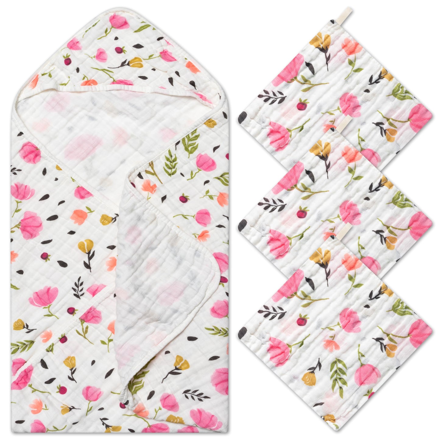 Zainpe 4Pcs Muslin Baby Hooded Towel & Washcloth Set Pink Flowers Pattern Soft Absorbent Cotton Bath Hood Towels for Newborn Tod