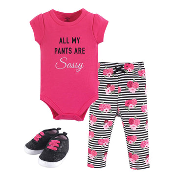 Little Treasure Unisex Baby Cotton Bodysuit, Pant And Shoe Set, Sassy Pants, 0-3 Months