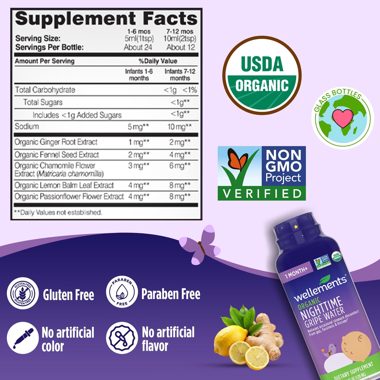 Wellements Organic Nighttime Gripe Water For Babies 1 Month+ (4 Fl Oz) - Baby Gripe Water For Bedtime Relief Gas, Colic & Fussin