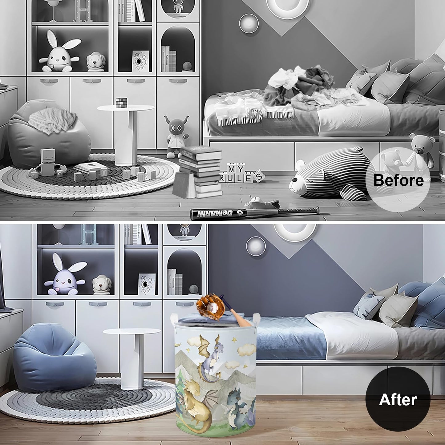 Clastyle 45L Kids Cute Dragon Nursery Hamper Mountain Tree Dirty Clothes Collapsible Laundry Basket Round Cloud Toys Storage Bas