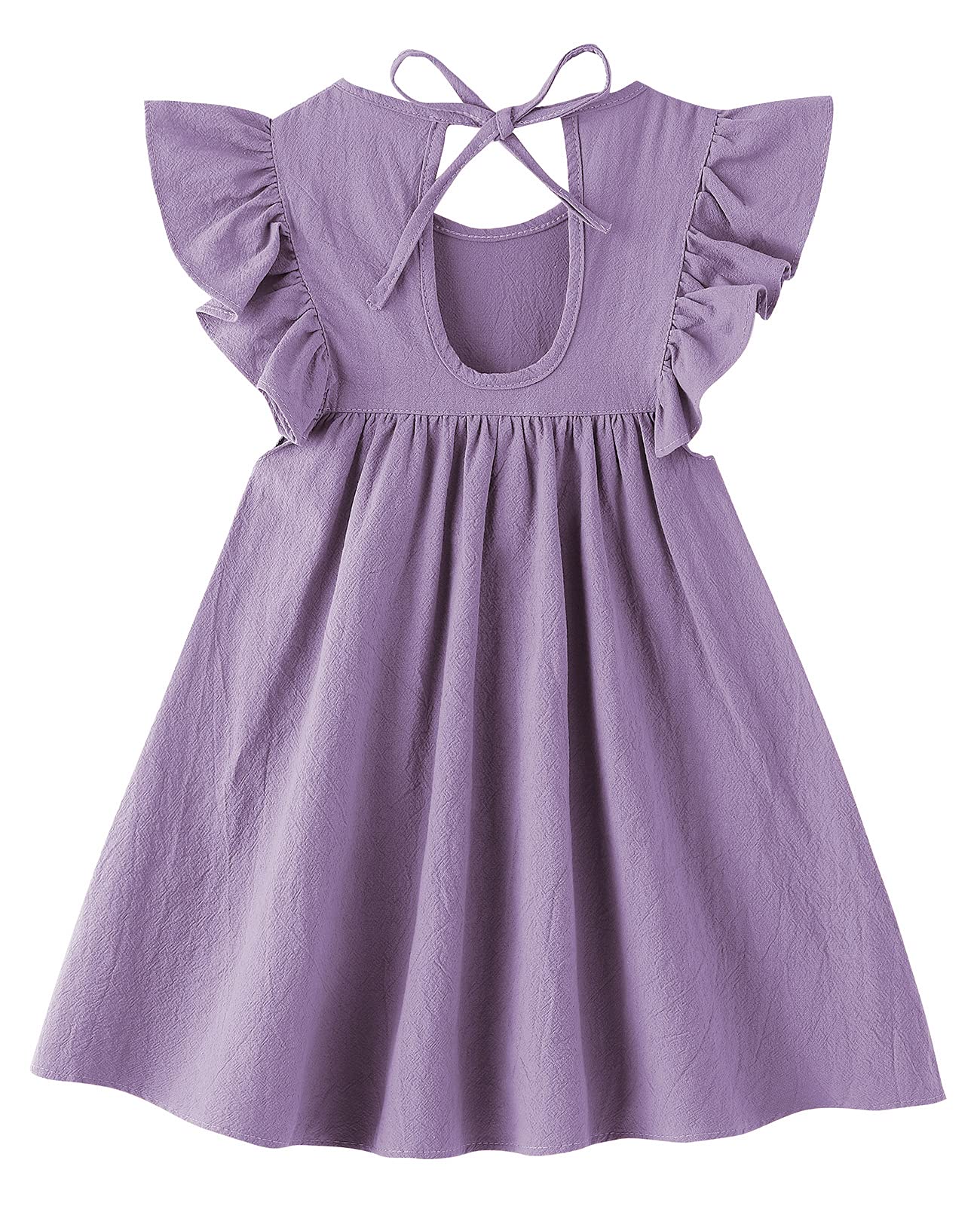 Lyxiof Toddler Baby Girl Cotton Linen Dress Ruffle Sleeve Halter Sleeveless Kids Casual Beach Dresses Purple 90Cm