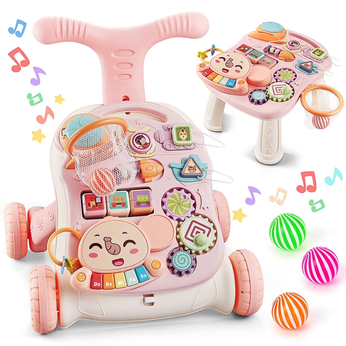 TOY Life 3 in 1 Baby Push Walker and Activity Center for Girl, Sit to Stand Walker for Babies 6-12 Months, Walking Toys with Mus