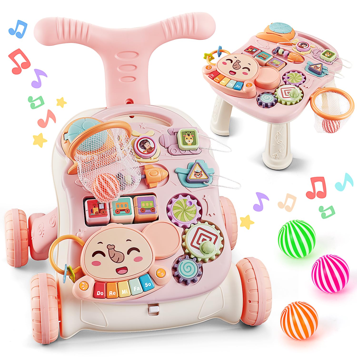 TOY Life 3 in 1 Baby Push Walker and Activity Center for Girl, Sit to Stand Walker for Babies 6-12 Months, Walking Toys with Mus