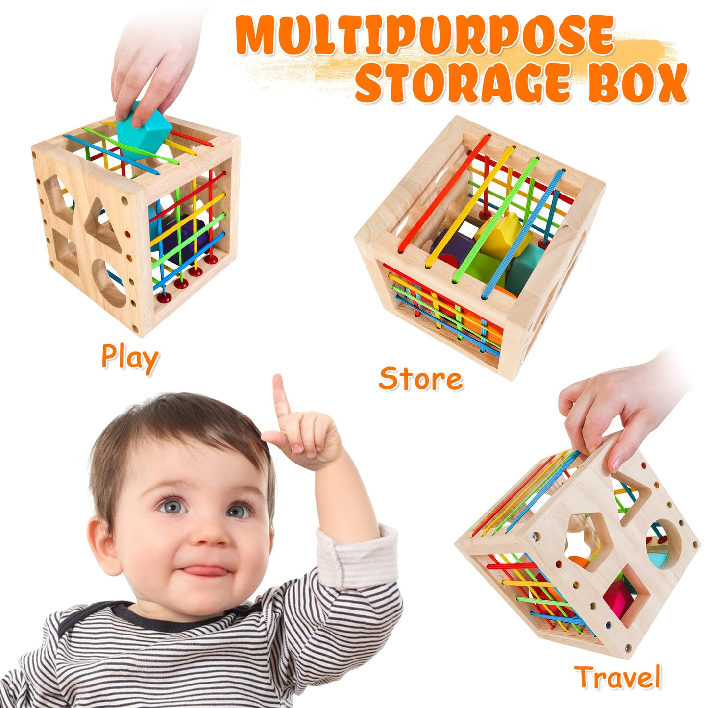 HELLOWOOD Montessori Toys for 1+ Year Old, Wooden Sorter Cube with 8pcs Rattling Shapes, Developmental Learning Toy Gifts for Ba
