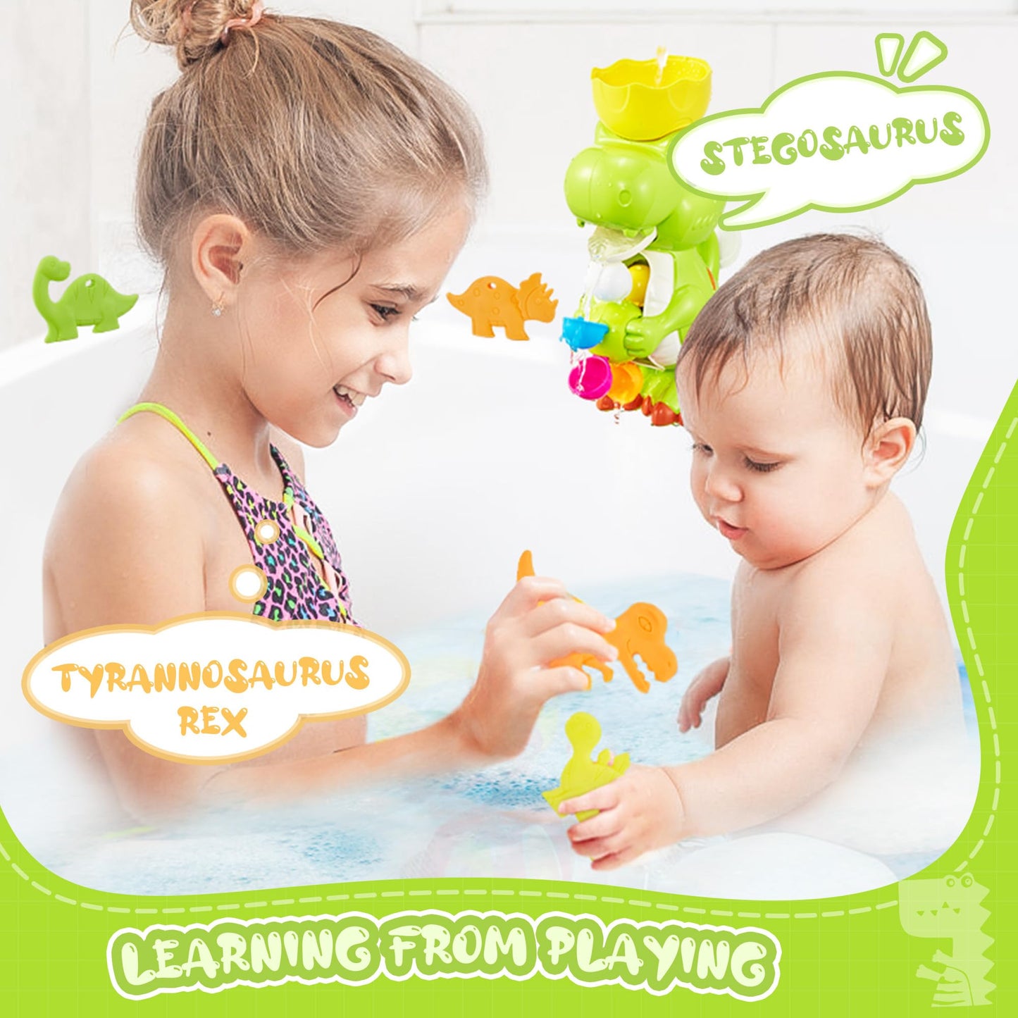 EKUEASYKU Dinosaur Bath Toys for Kids Ages 1-3 2-4 4-8 Toddler Bath Toys Whirling Waterfall Water Toys Fishing Games Bathtub Bat