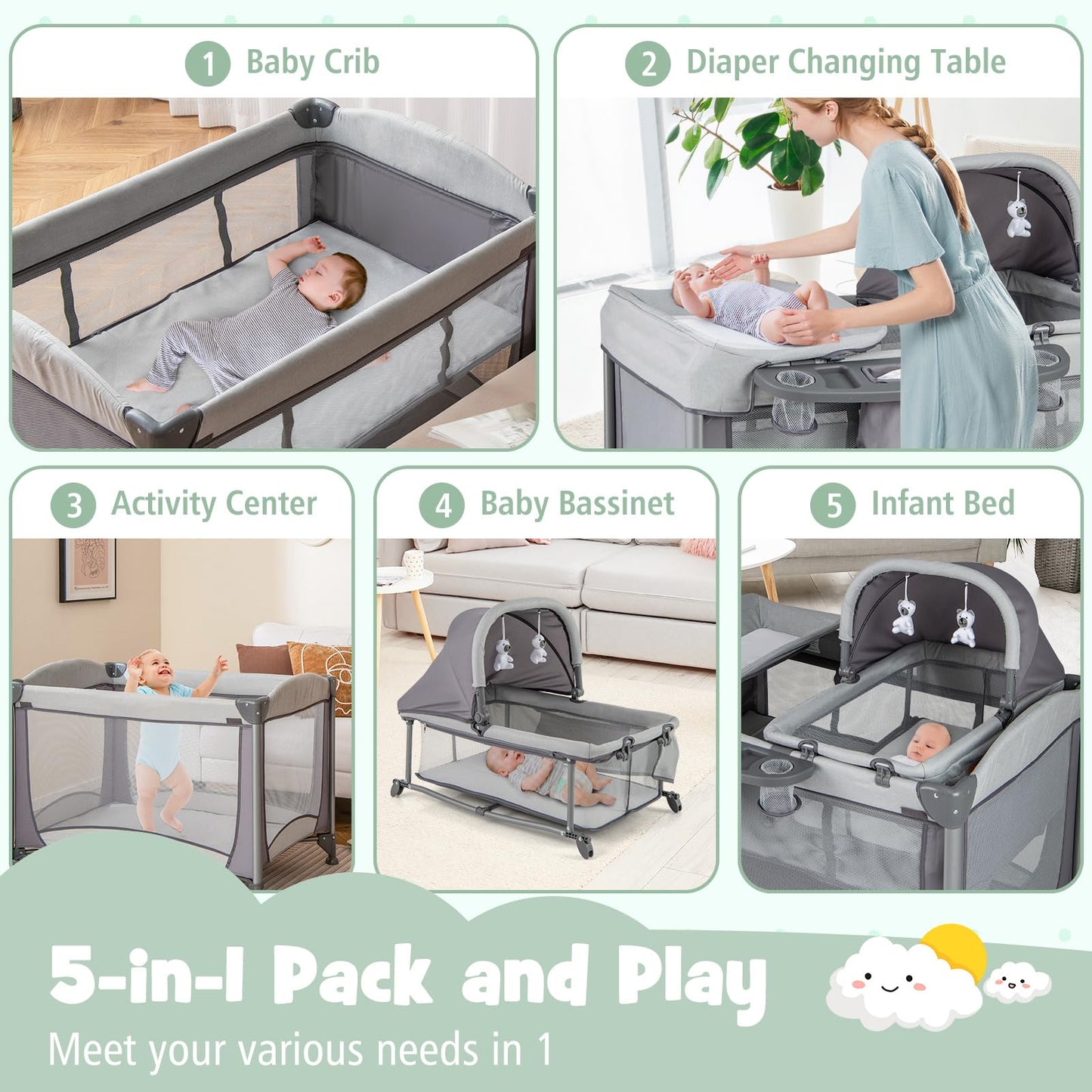 Honey Joy Pack And Play With Bassinet, 4-In-1 Baby Playard With Changing Table & Removable Infant Full-Size Bassinet, Diaper Sto