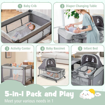 Honey Joy Pack And Play With Bassinet, 4-In-1 Baby Playard With Changing Table & Removable Infant Full-Size Bassinet, Diaper Sto