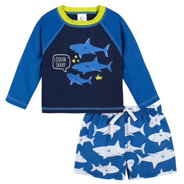 Gerber Baby Boy'S Toddler Long Sleeved Rashguard Swim Bathing Suit Set, Blue And White Sharks, 3-6 Months
