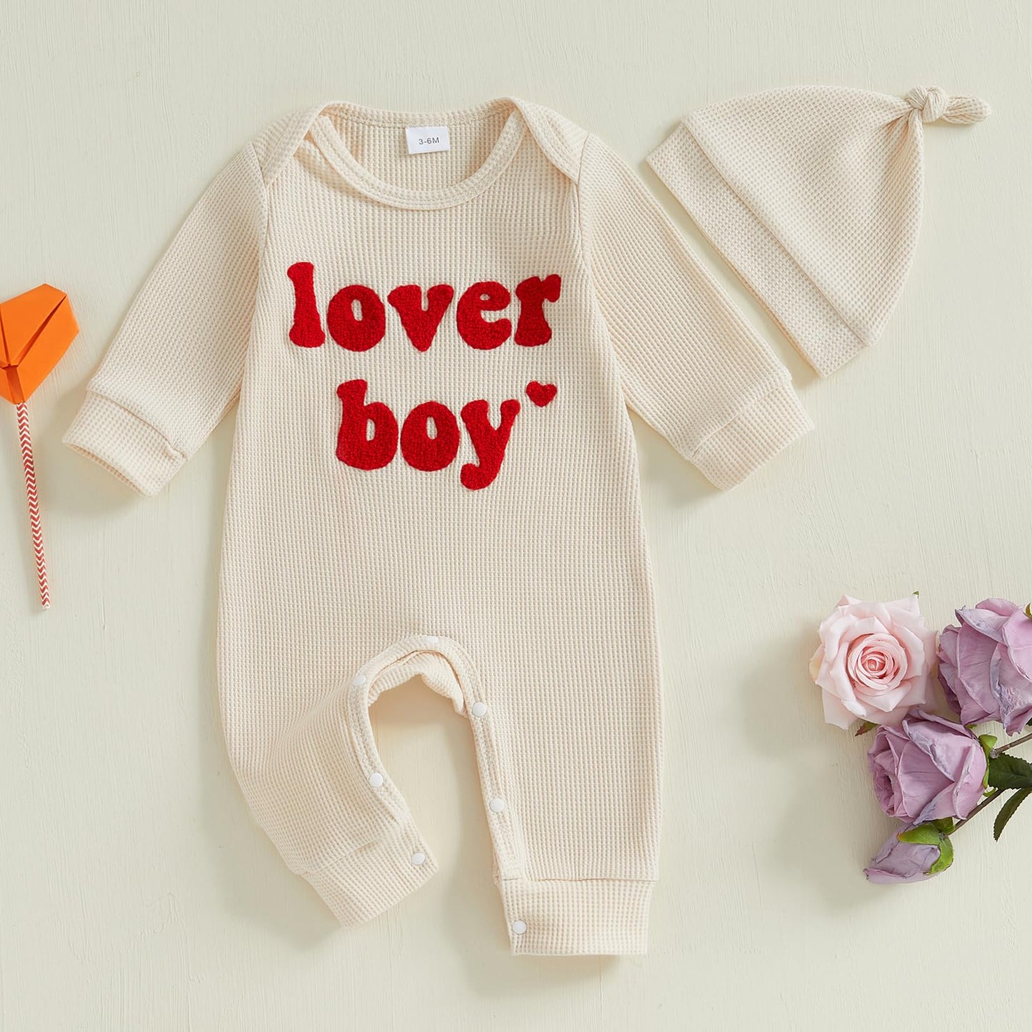 Lesimsam Newborn Infant Baby Boy Valentines Day Outfit Letter Embroidery Long Sleeve Waffle Knit Romper Jumpsuit With Hat(Aprico