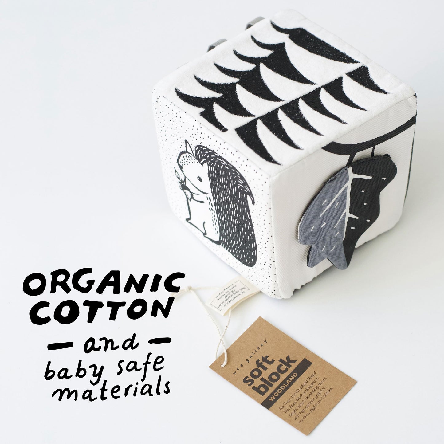 Wee Gallery Soft Block, Baby Sensory Toy with High-Contrast Graphics, Organic Soft Fabric Soft Blocks, Crinkle Flap and Textures