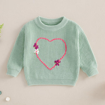 Nokpsedcb Baby Girl Cute Long Sleeve Heart Flowers Embroidery Oversized Sweater Toddler Valentine Outfit (Green, 18-24 Months)