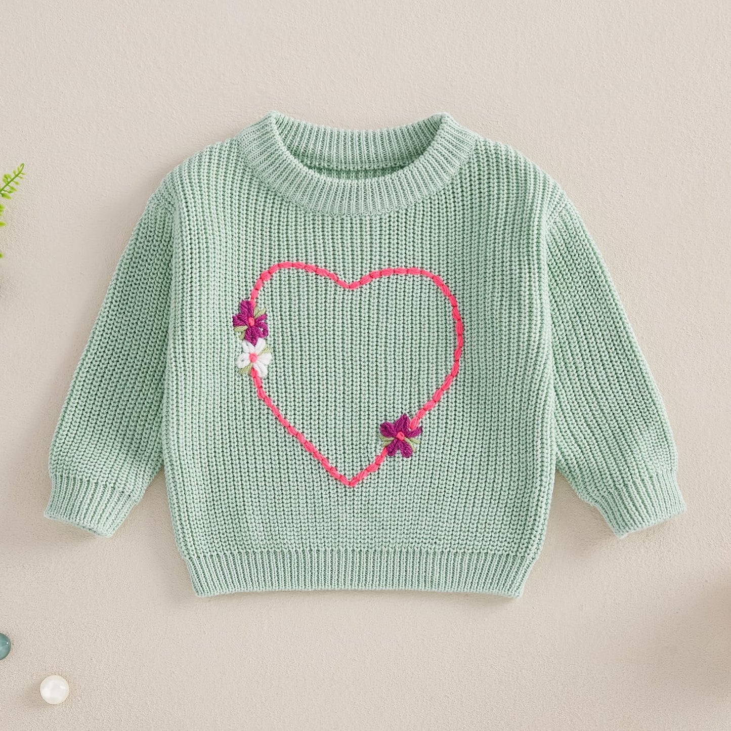 Nokpsedcb Baby Girl Cute Long Sleeve Heart Flowers Embroidery Oversized Sweater Toddler Valentine Outfit (Green, 6-9 Months)