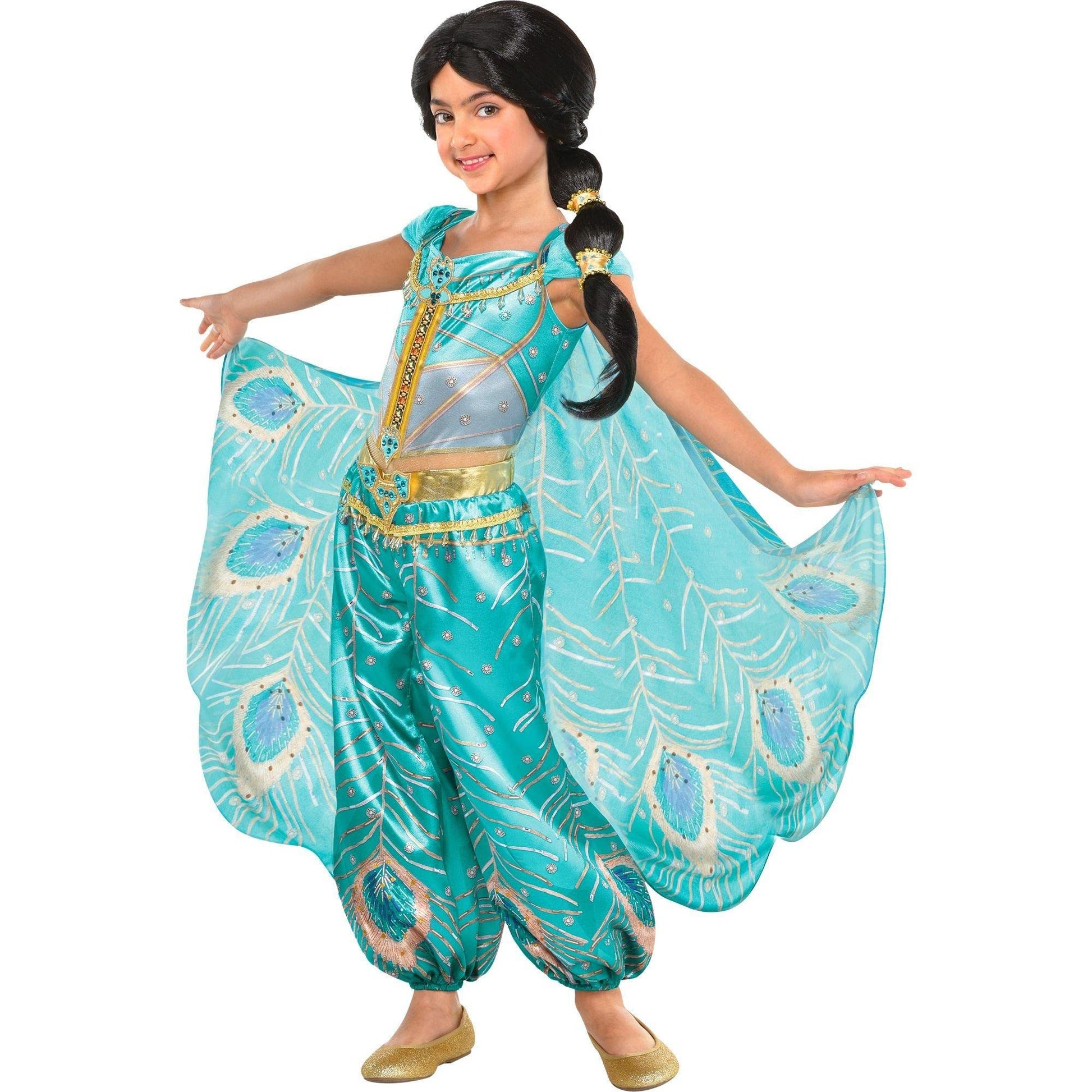 Party City Princess Jasmine Whole New World Costume For Kids, Disney Aladdin, Size Small, Peacock Jumpsuit With Cape