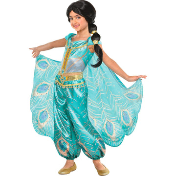 Party City Princess Jasmine Whole New World Costume For Kids, Disney Aladdin, Size Small, Peacock Jumpsuit With Cape