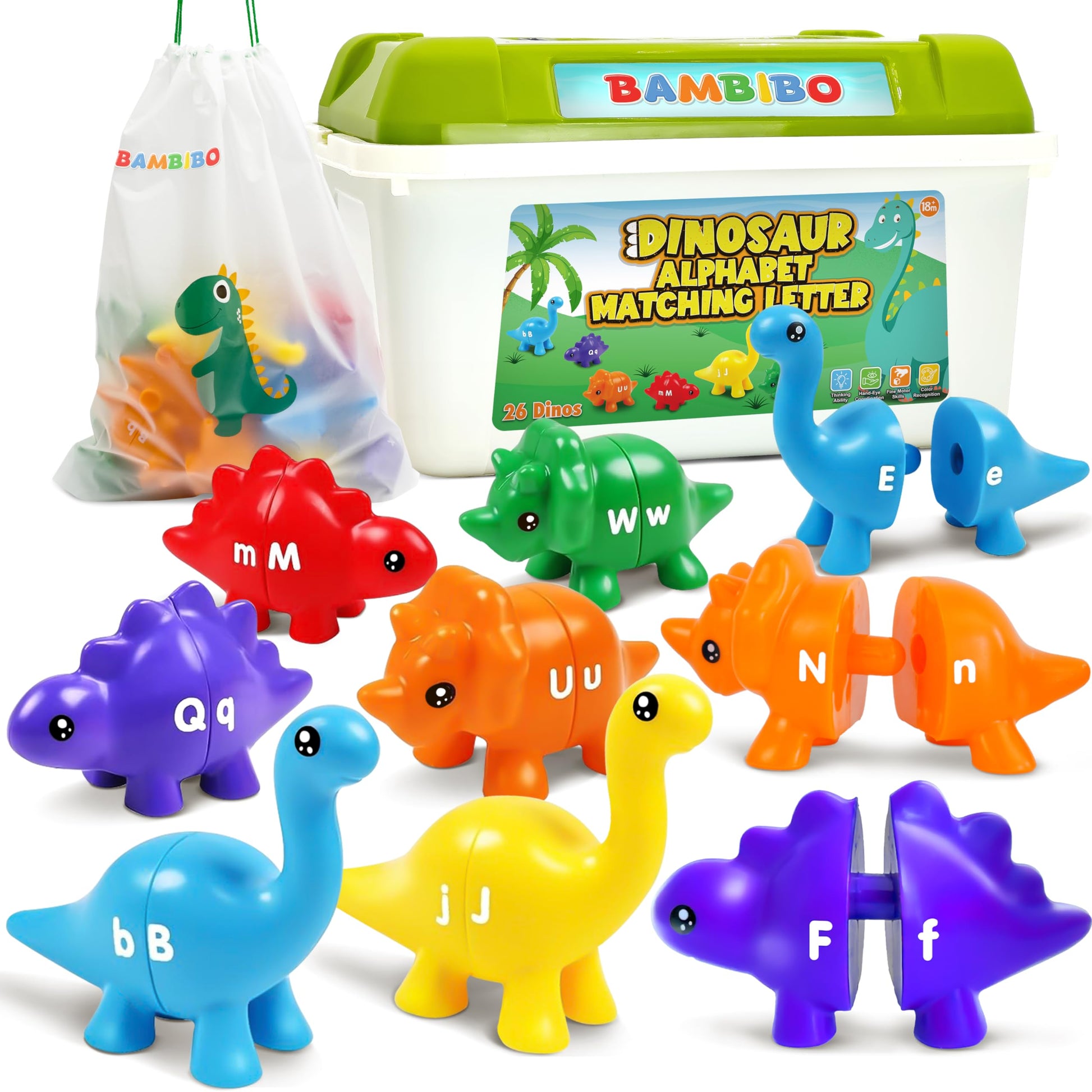 Bambibo Dinosaur Alphabet Learning Toys - 52pcs in Storage Box | 26 Double Sided Dino Matching Toys | Preschool Toys for Classro