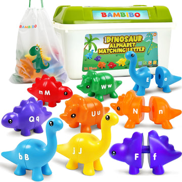 Bambibo Dinosaur Alphabet Learning Toys - 52pcs in Storage Box | 26 Double Sided Dino Matching Toys | Preschool Toys for Classro