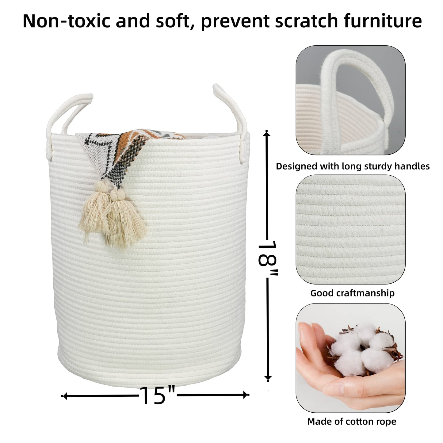 Xuanguo Cotton Rope Laundry Basket Hamper For Clothes Decorative Woven Storage Basket For Living Room Bedroom Boho Tall Rope Bas