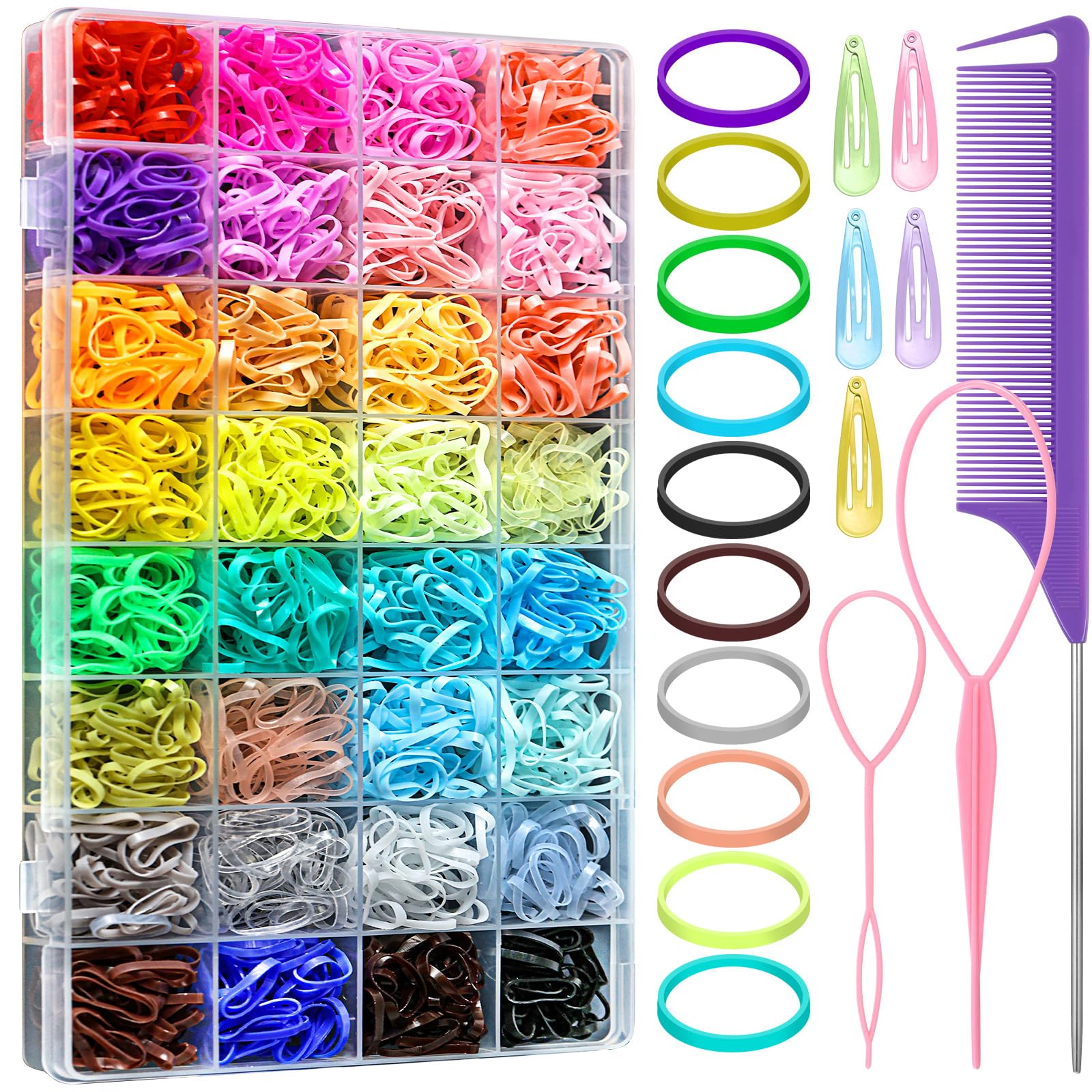 32 Colors Rubber Bands For Hair 2000 Pieces Small Elastic Baby Hair Ties With 8 Hair Styling Tools Mini Hair Accessories For Gir