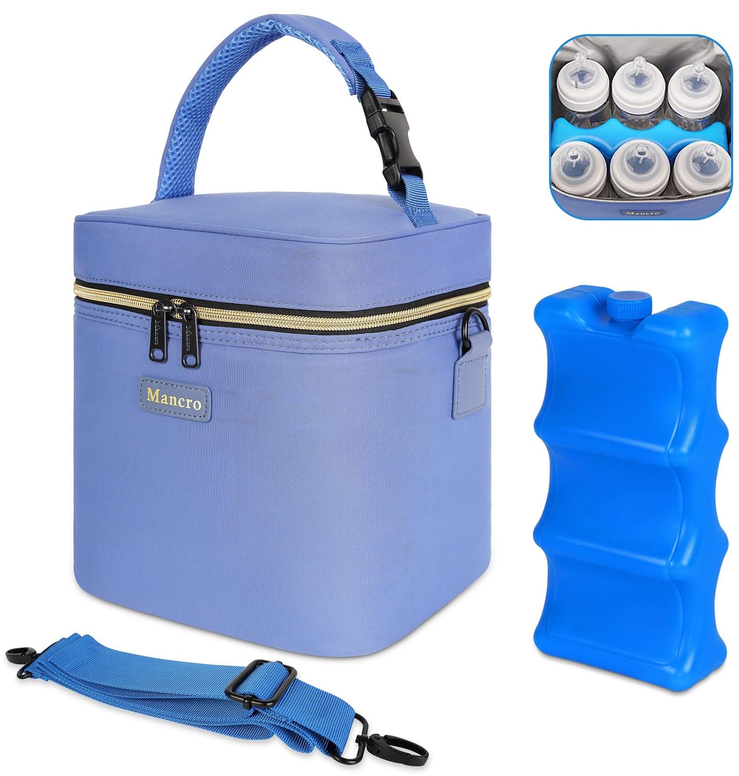 Mancro Breastmilk Cooler Bag with Ice Pack Fits 6 Baby Bottles Up to 9 Ounce, Insulated Baby Bottle Bag with Strap for Nursing M